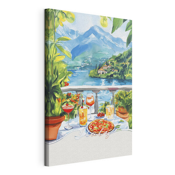 Wydruk na płótnie Canvas prints Watercolor painting of a table with drinks and a view of a lake
