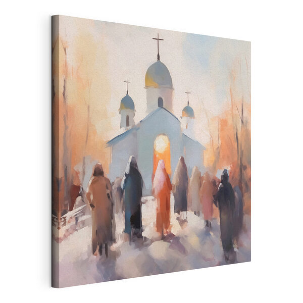 Grupa ludzi idąca przed kościołem Wydruk na płótnie Grupa ludzi idąca przed kościołem