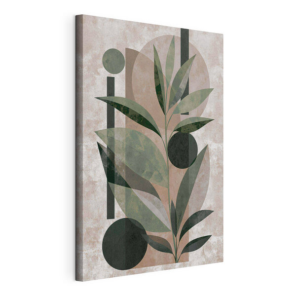 Obraz przedstawiający roślinę z liśćmi i geometrycznymi kształtami Wydruk na płótnie Obraz przedstawiający roślinę z liśćmi i geometrycznymi kształtami