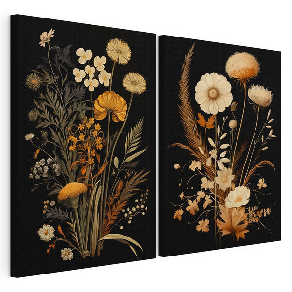 Fantazyjne ilustracje botaniczne na czarnym tle Modułowy wydruk na płótnie Fantazyjne ilustracje botaniczne na czarnym tle