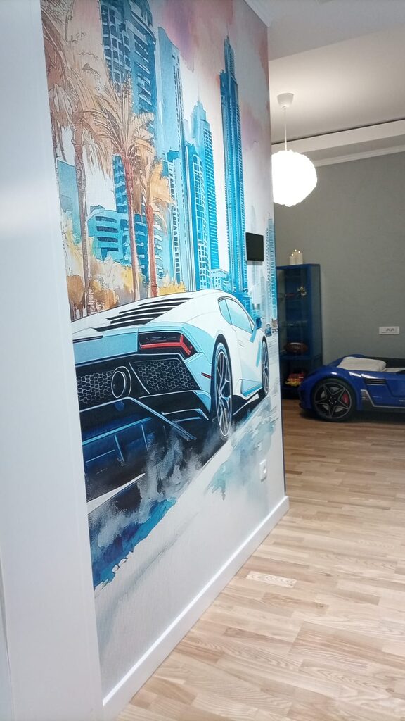 Fototapeta Obraz białego samochodu sportowego jadącego drogą z palmami